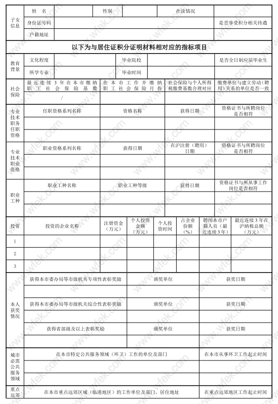 上海居住证积分申请表