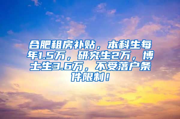 合肥租房补贴，本科生每年1.5万，研究生2万，博士生3.6万，不受落户条件限制！