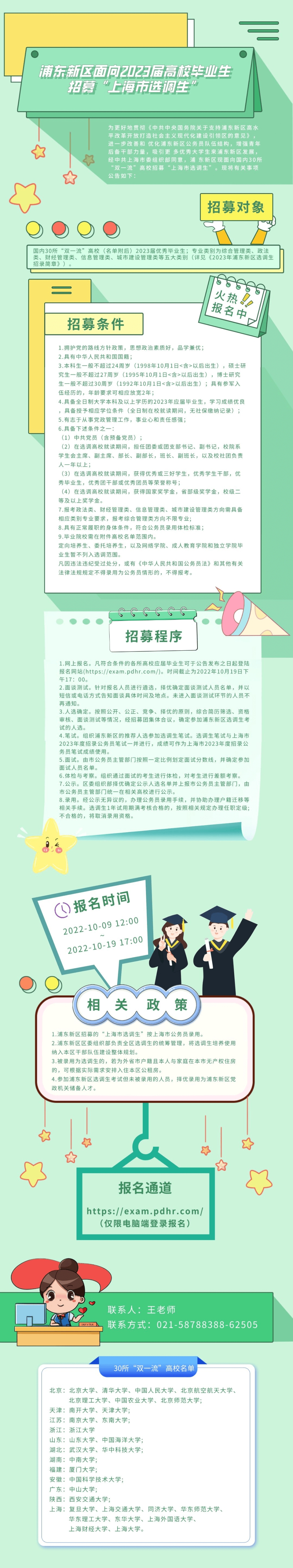 浦东新区面向2023届高校毕业生招募“上海市选调生”！报名截止2022年10月19日17时！